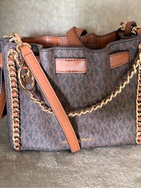 Michael Kors Brown Signature Logo Shoulder Bag with Tan Trim and Gold Chain